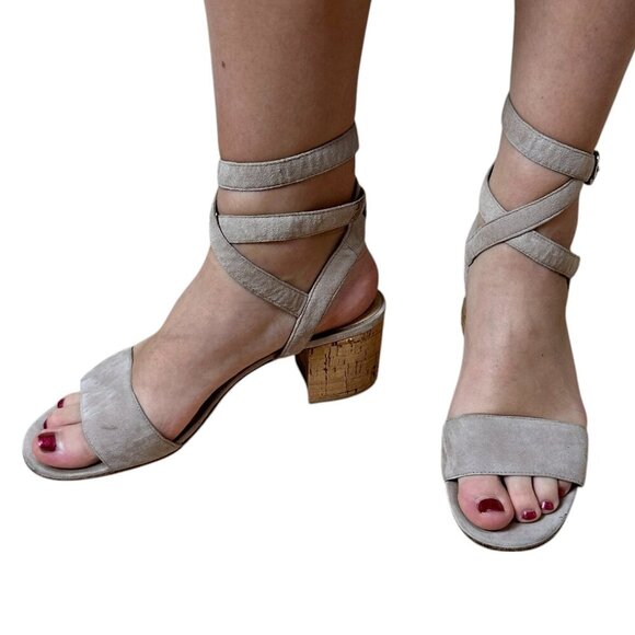POUR LA VICTOIRE Wrap Up Suede Neutral Nude Sandals Cork Heels Size 8.5 - Picture 1 of 16